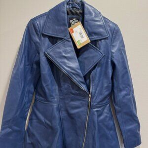 REAL LEATHER Clarissa Peplum Soft Leather Jacket Women's XS Blue NWT